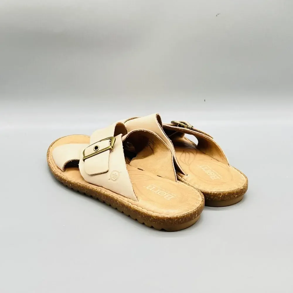 Born Sandals Womens 9 Beige Leather Crisscross Strap Slide Buckle Comfort Shoes